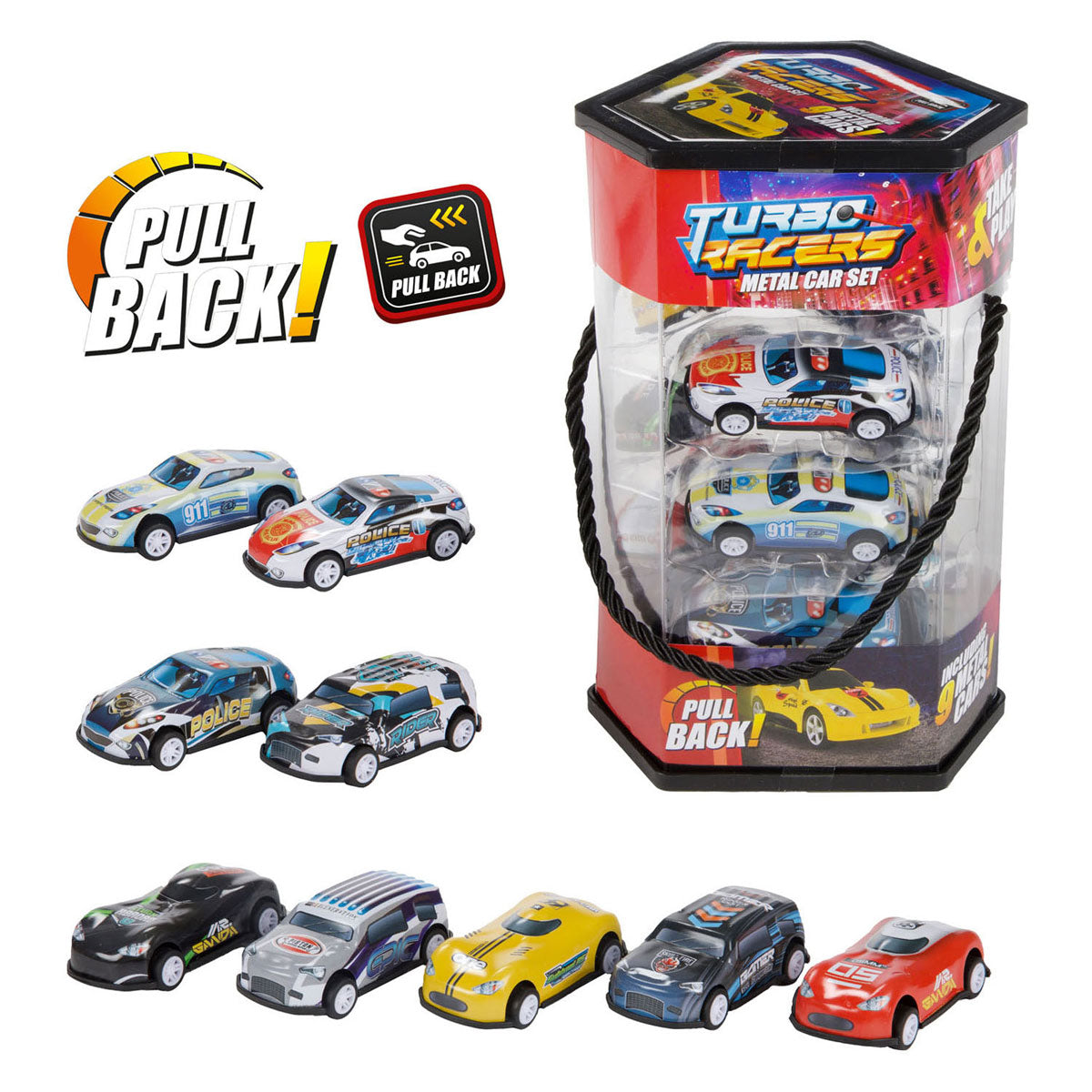 Toi-toys turbo racers metalen pull back auto's - 9st.