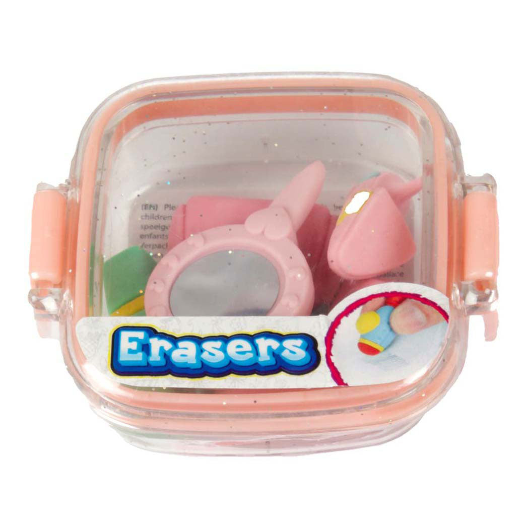 Mini set gomme da cancellare Toi-toys in scatola glitter - specchio per il trucco, 5 pz.