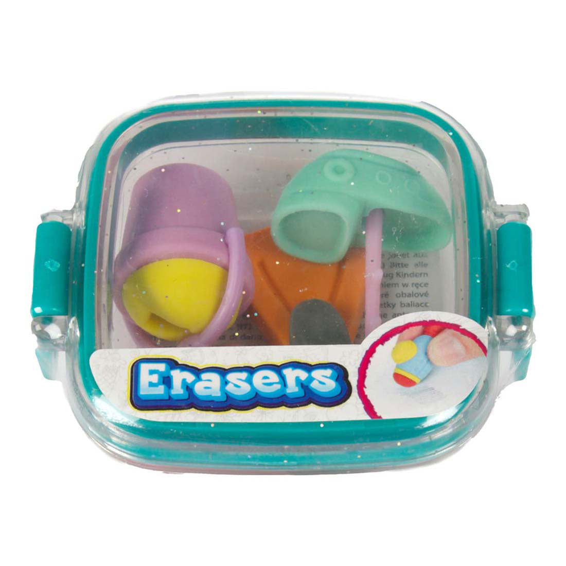 Mini juego de gomas de borrar Toi-toys en caja con purpurina - menaje. 5 uds.