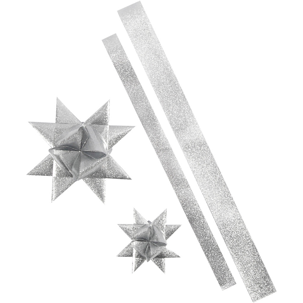 Strisce Vivi Gade Star, l: 86+100 cm, l: 25+40 mm, d 11,5+18,5 cm, argento glitter, 16 strisce 1 scatola