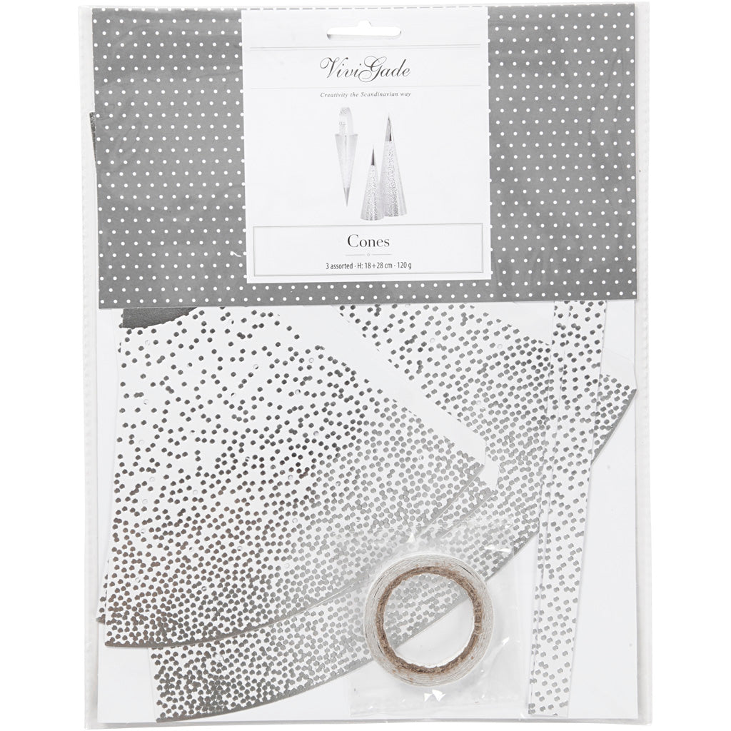 Coni Vivi gade, h: 18+28 cm, 120 g, argento, bianco, 3 pezzi 1 scatola