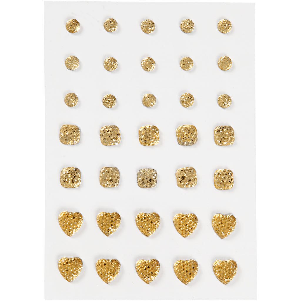 Strass Vivi Gade, tondo, quadrato, cuore, misura 6+8+10 mm, oro, 35 pezzi 1 scatola