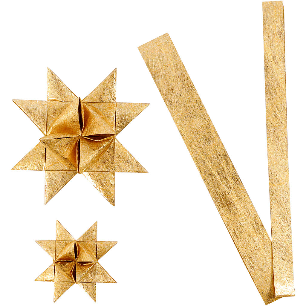 Vivi gade tiras de papel para trenzar, l: 44+78 cm, p 6,5+11,5 cm, a: 15+25 mm, dorado, 32 tiras 1 caja