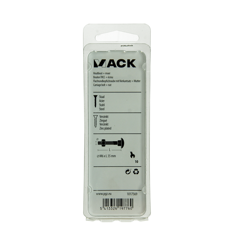 Mack 1017569 - perno para madera + tuerca acero galvanizado 7 piezas m6 x 35 mm | 5 piezas