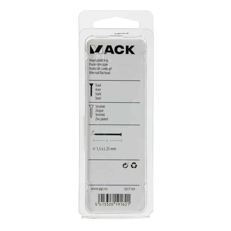 Mack 1017149 - clavo cabeza plana acero galvanizado 100 gr 1,5 x 25 mm | 5 piezas