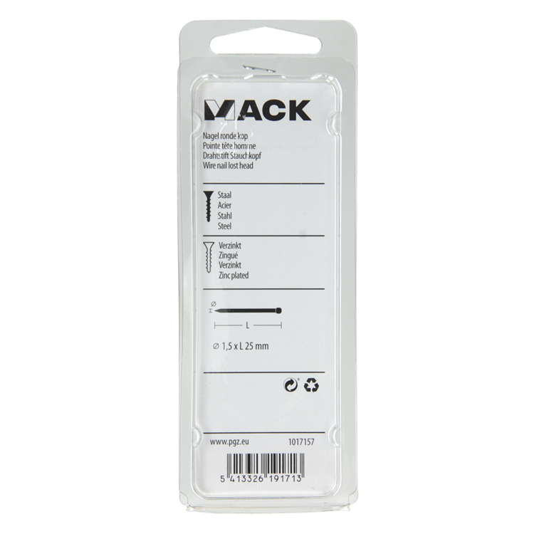 Mack 1017157 - clavo cabeza redonda acero galvanizado 100 gr 1,5 x 25 mm | 5 piezas
