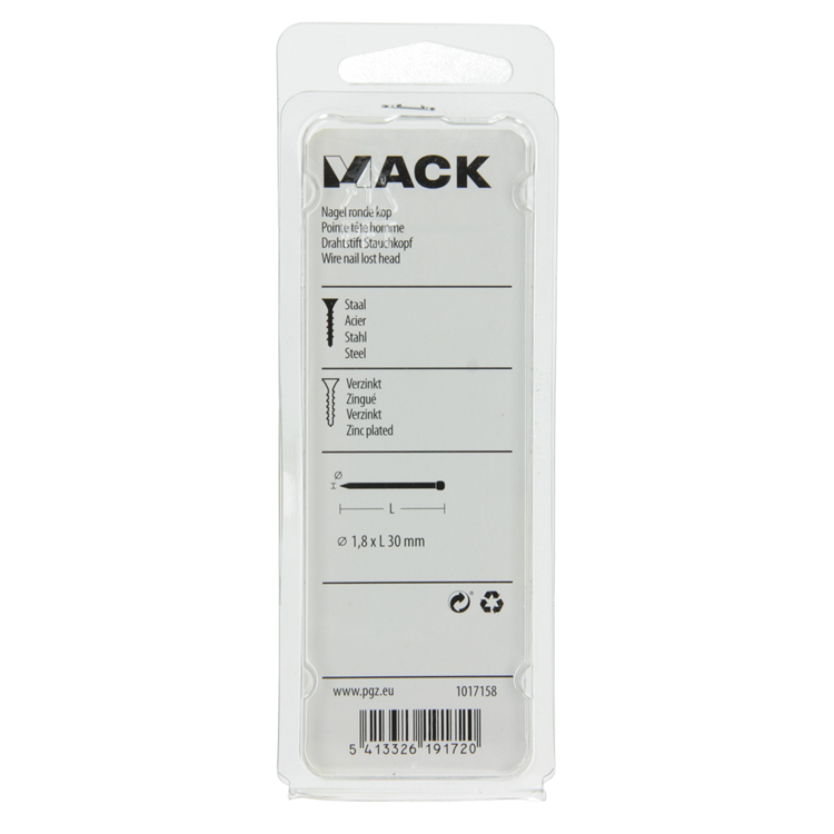 Mack 1017158 - clavo cabeza redonda acero galvanizado 100 gr 1,8 x 30 mm | 5 piezas