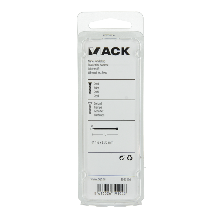 Mack 1017176 - clavo cabeza redonda acero endurecido 45 grados 1,6 x 30 mm | 10 piezas