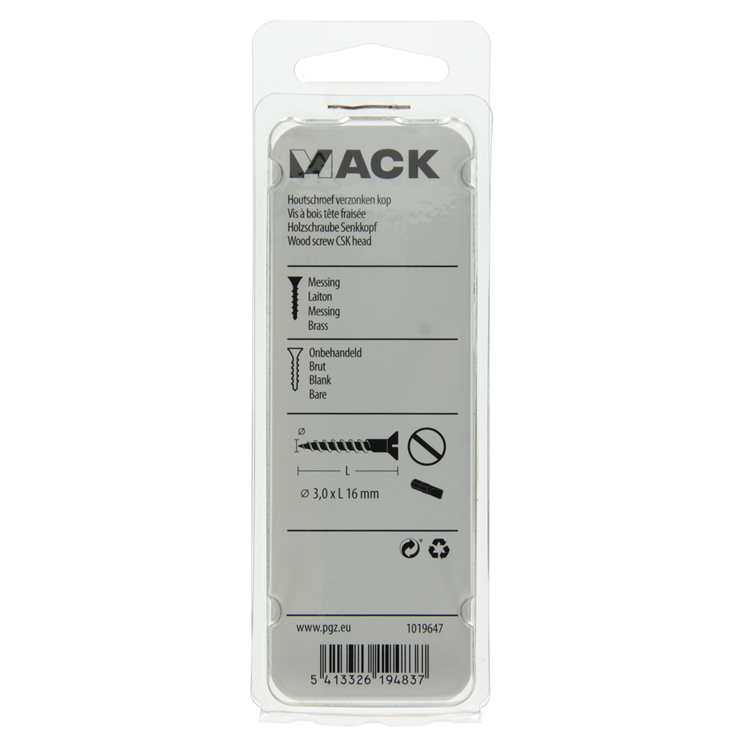 Mack 1019647 - tornillo para madera cabeza avellanada latón 14uds 3,0 x 16 mm | 10 piezas
