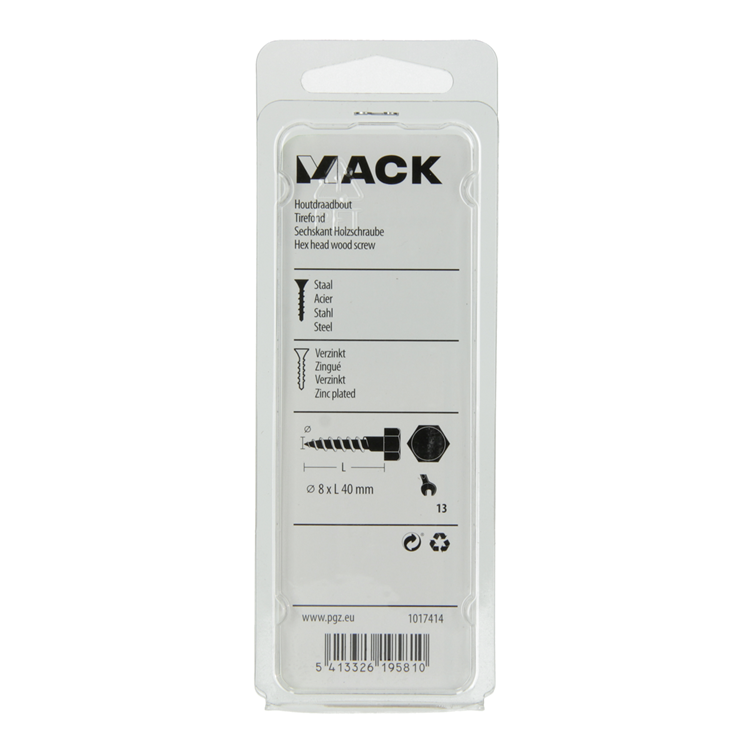 Mack 1017414 - perno roscado para madera acero galvanizado 8 piezas 8 x 40 mm | 5 piezas