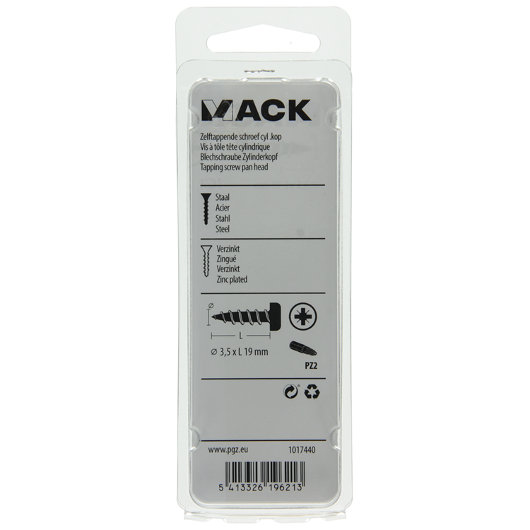 Mack 1017440 - tornillo autorroscante cabeza cilíndrica galv. 25 piezas 3,5 x 19 mm | 10 piezas