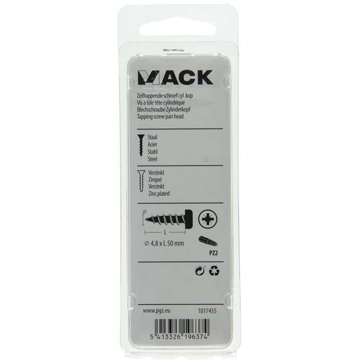Mack 1017455 - tornillo autorroscante cabeza cilíndrica galv. 7 piezas 4,8 x 50 mm | 10 piezas