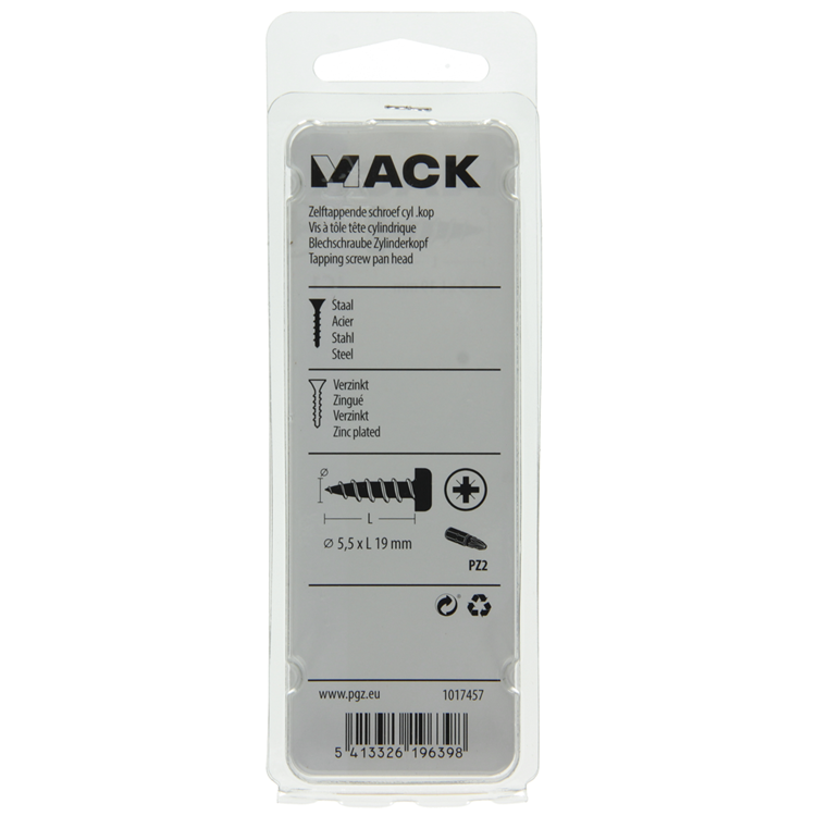 Mack 1017457 - tornillo autorroscante cabeza cilíndrica galv. 10 unidades de 5,5 x 19 mm | 10 piezas