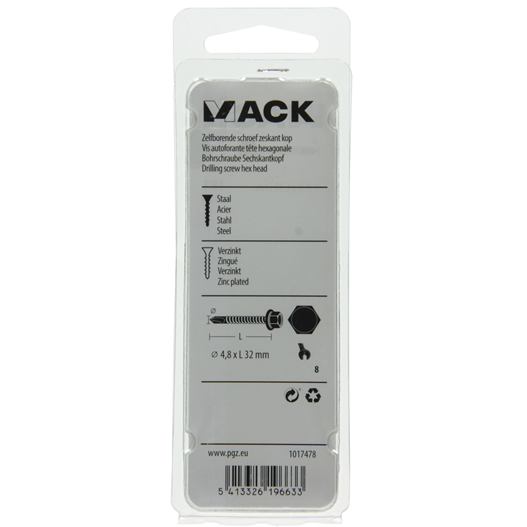 Mack 1017478 - tornillo hexagonal autoperforante. cabeza galvanizada. 18 piezas de 4,8 x 32 mm | 5 piezas