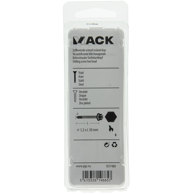 Mack 1017480 - tornillo hexagonal autoperforante. cabeza galvanizada. 13 piezas 5,5 x 50 mm | 5 piezas