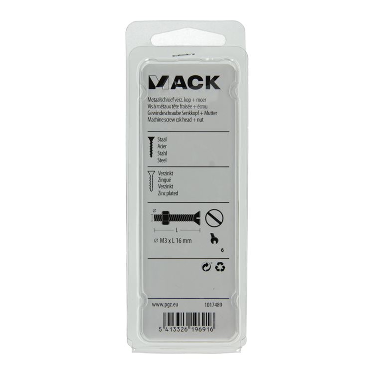 Mack 1017489 - tornillo metálico galvanizado. cabeza + tuerca chapada 27pzs m3 x 16 mm | 10 piezas
