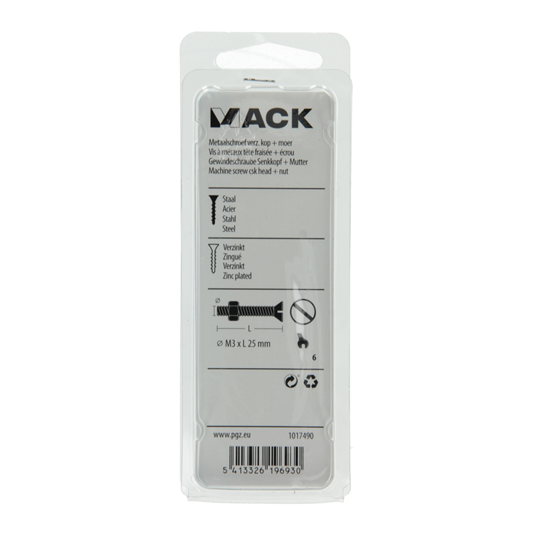 Mack 1017490 - tornillo metálico galvanizado. cabeza + tuerca chapada 22uds m3 x 25 mm | 10 piezas
