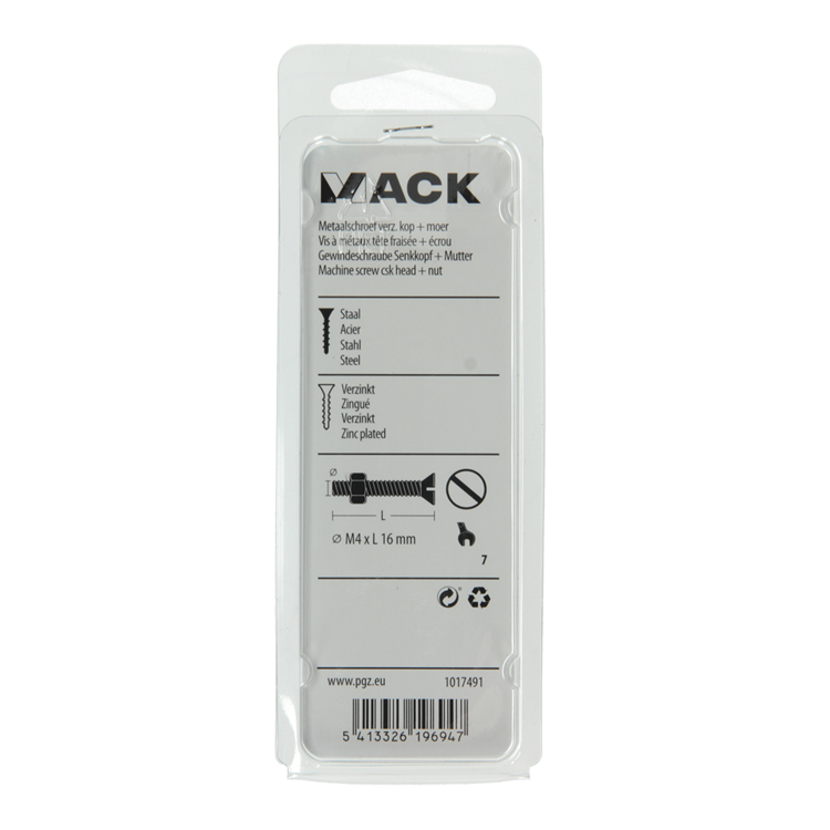 Mack 1017491 - tornillo metálico galvanizado. cabeza + tuerca chapada 20uds m4 x 16 mm | 10 piezas