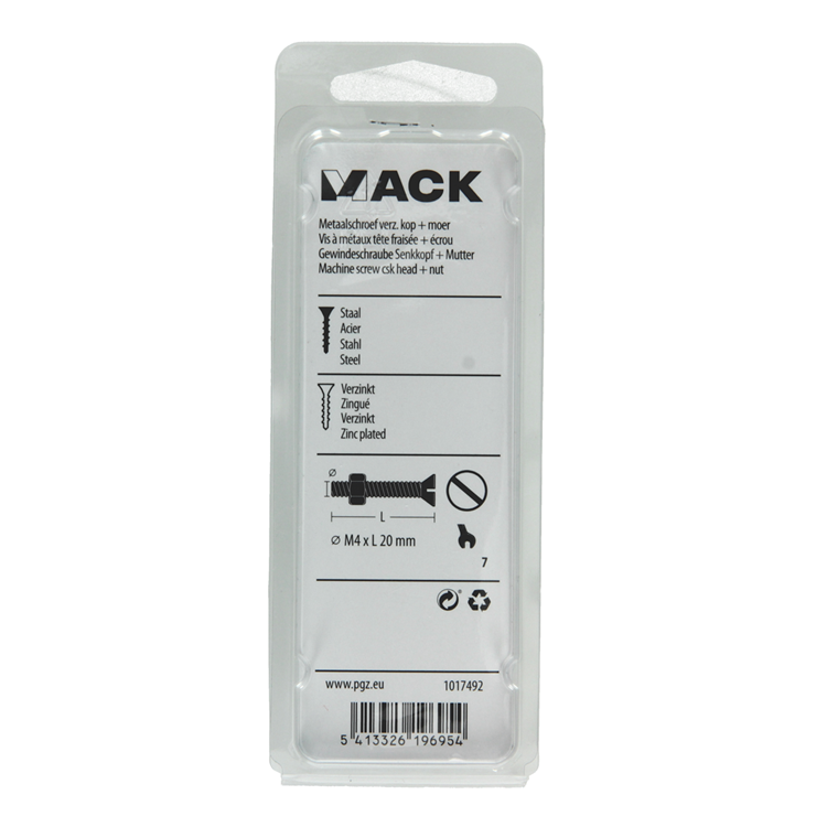Mack 1017492 - vite in metallo zincato. testa + dado placcato 18 pezzi m4 x 20 mm | 10 pezzi