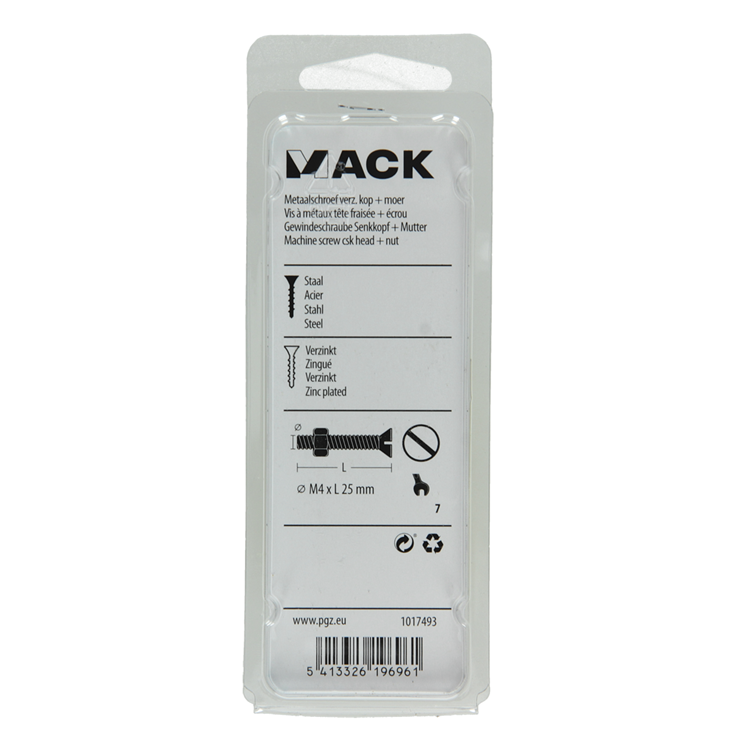 Mack 1017493 - tornillo metálico galvanizado. cabeza + tuerca chapada 16uds m4 x 25 mm | 10 piezas