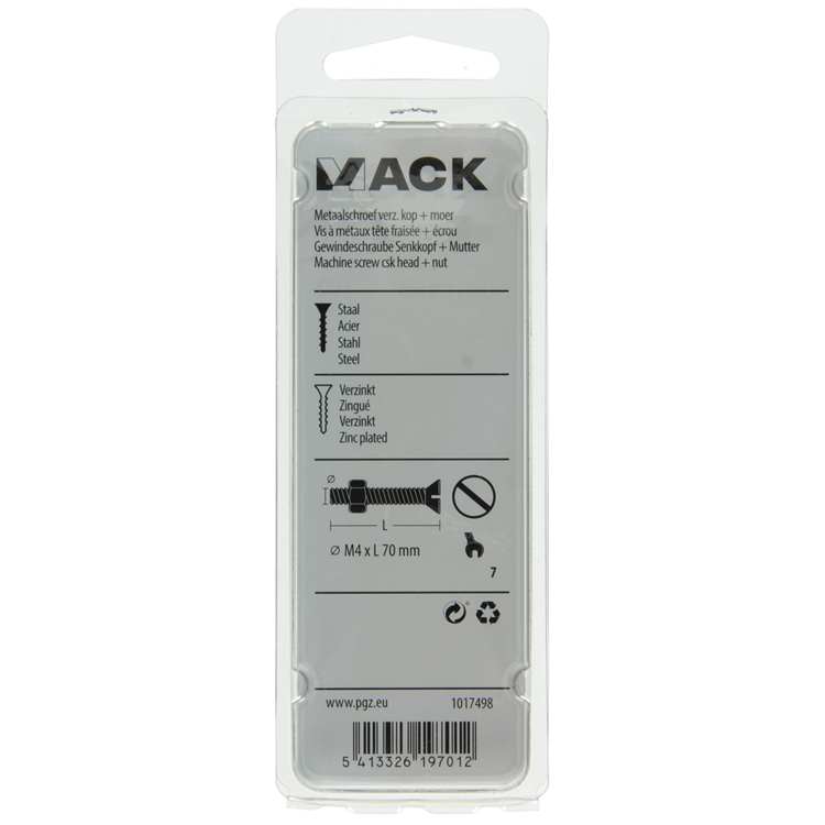 Mack 1017498 - tornillo metálico galvanizado. cabeza + tuerca chapada 4 piezas m4 x 70 mm | 10 piezas