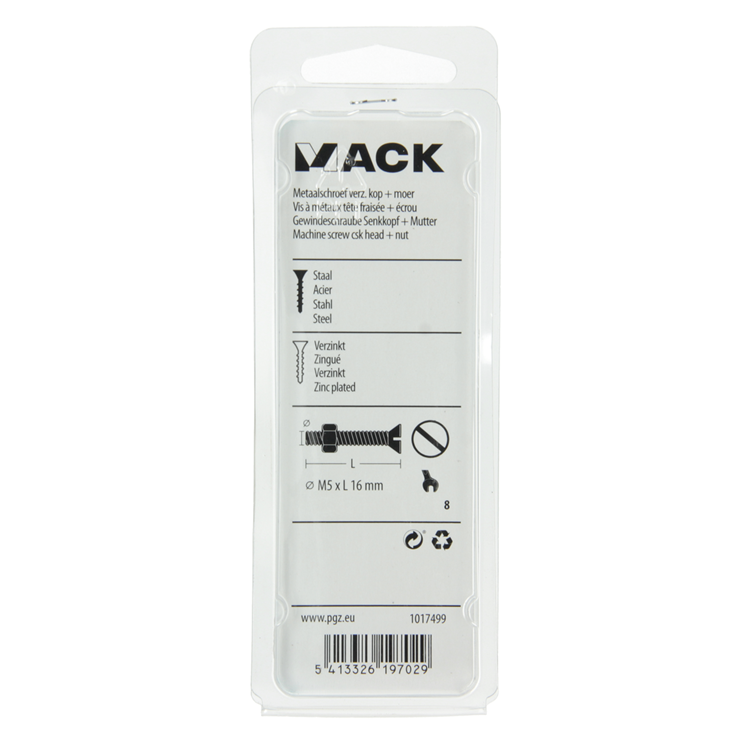 Mack 1017499 - tornillo metálico galvanizado. cabeza + tuerca chapada 16uds m5 x 16 mm | 10 piezas