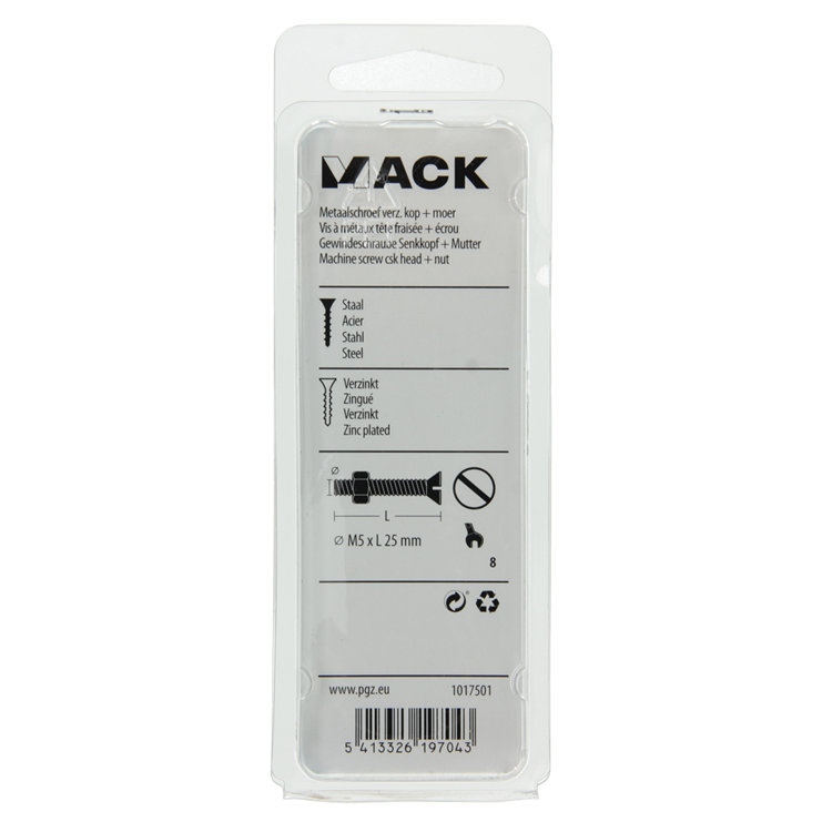 Mack 1017501 - vite in metallo zincato. testa + dado placcato 14pz m5 x 25 mm | 10 pezzi
