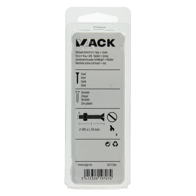 Mack 1017504 - tornillo metálico galvanizado. cabeza + tuerca chapada 8 piezas m5 x 50 mm | 10 piezas