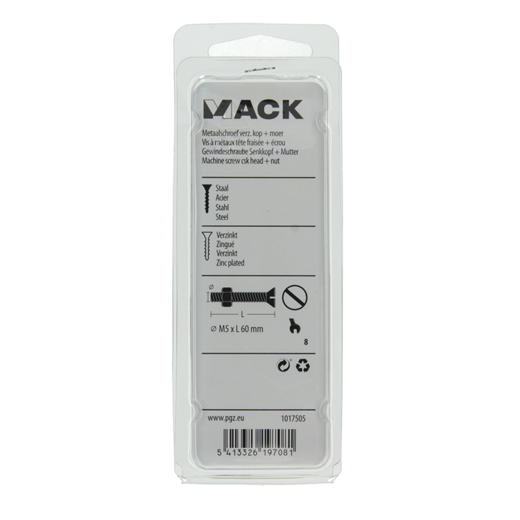 Mack 1017505 - tornillo metálico galvanizado. cabeza + tuerca plateada 7 piezas m5 x 60 mm | 10 piezas
