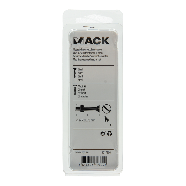 Mack 1017506 - tornillo metálico galvanizado. cabeza + tuerca chapada 6 piezas m5 x 70 mm | 10 piezas