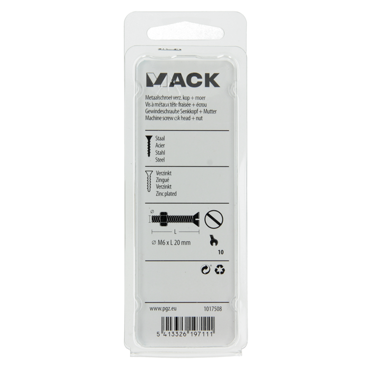 Mack 1017508 - tornillo metálico galvanizado. cabeza + tuerca chapada 10uds m6 x 20mm | 10 piezas