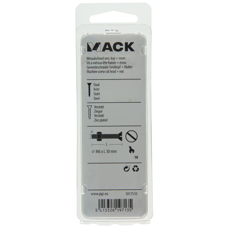Mack 1017510 - tornillo metálico galvanizado. cabeza + tuerca chapada 8 piezas m6 x 30 mm | 10 piezas