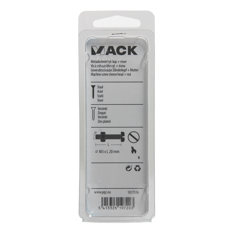 Mack 1017516 - cilindro de tornillo metálico. cabeza + tuerca chapada 24 piezas m3 x 20 mm | 10 piezas