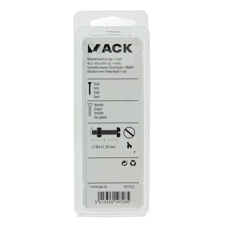 Mack 1017522 - cilindro de tornillo metálico. cabeza + tuerca plateada 9 piezas m4 x 50 mm | 10 piezas