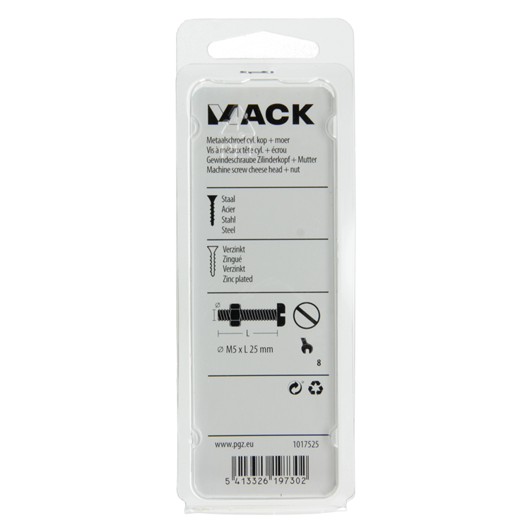 Mack 1017525 - cilindro de tornillo metálico. cabeza + tuerca chapada 14 piezas m5 x 25 mm | 10 piezas