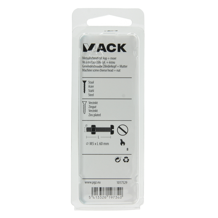Mack 1017529 - cilindro de tornillo metálico. cabeza + tuerca chapada 6 piezas m5 x 60 mm | 10 piezas
