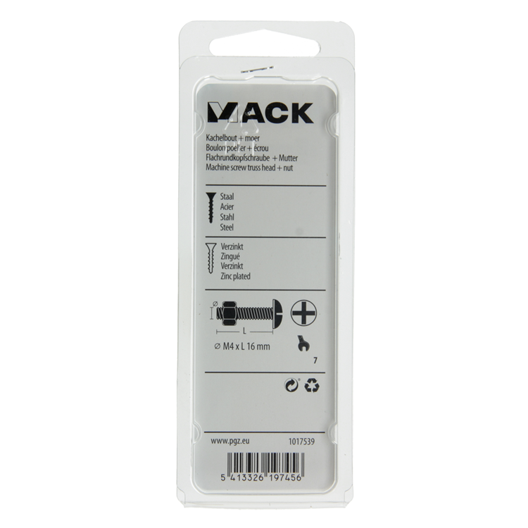 Mack 1017539 - perno calentador + tuerca acero galvanizado 22 piezas m4 x 16 mm | 10 piezas