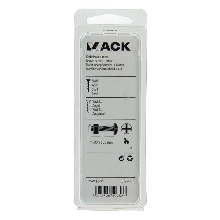 Mack 1017547 - perno estufa + tuerca acero galvanizado 12 piezas m5 x 30 mm | 5 piezas