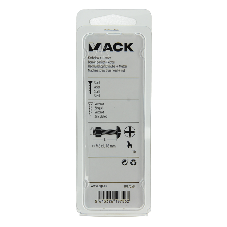 Mack 1017550 - perno calentador + tuerca acero galvanizado 10 piezas m6 x 16 mm | 5 piezas