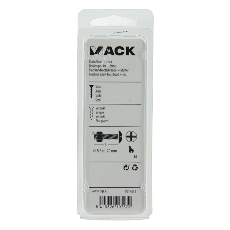 Mack 1017551 - perno calentador + tuerca acero galvanizado 9 piezas m6 x 20 mm | 5 piezas