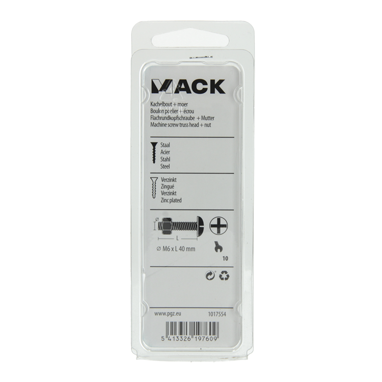 Mack 1017554 - perno calentador + tuerca acero galvanizado 7 piezas m6 x 40 mm | 5 piezas
