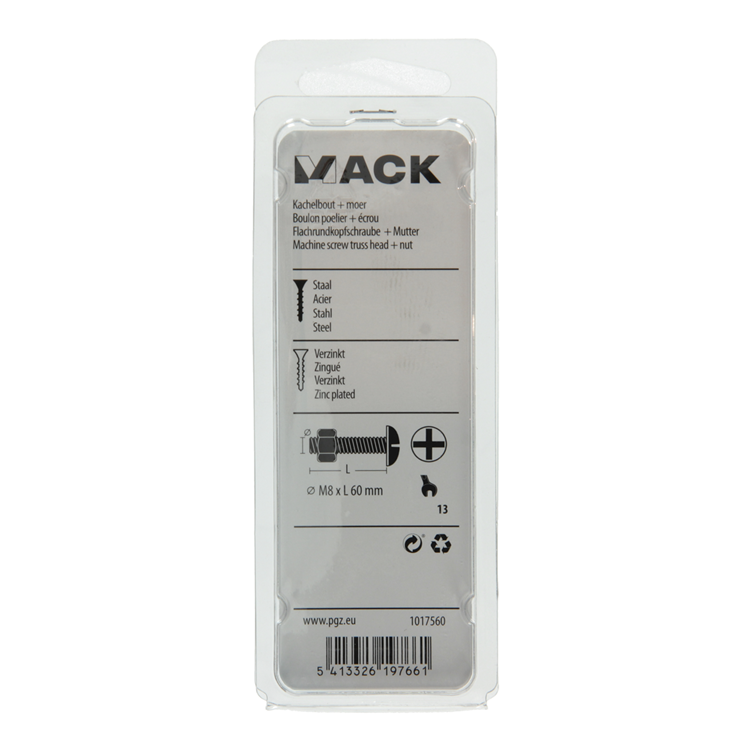 Mack 1017560 - perno calentador + tuerca acero galvanizado 4 piezas m8 x 60 mm | 5 piezas