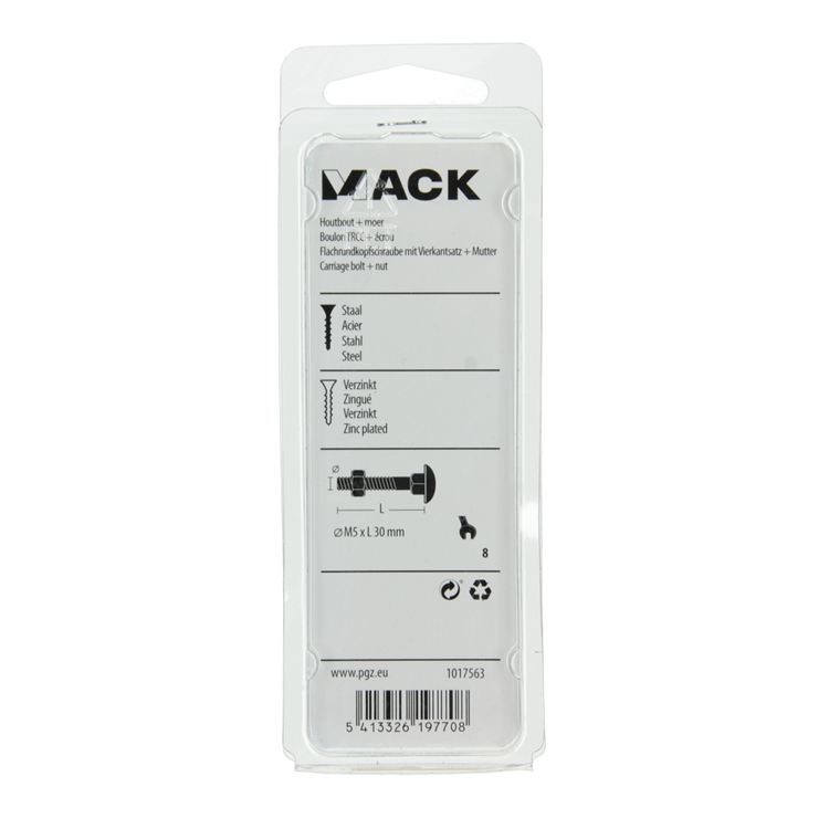 Mack 1017563 - perno para madera + tuerca acero galvanizado 11 piezas m5 x 30 mm | 5 piezas