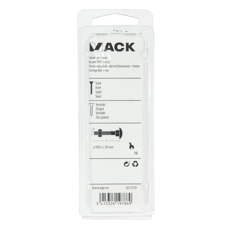 Mack 1017579 - perno para madera + tuerca acero galvanizado 6 piezas m8 x 30 mm | 5 piezas