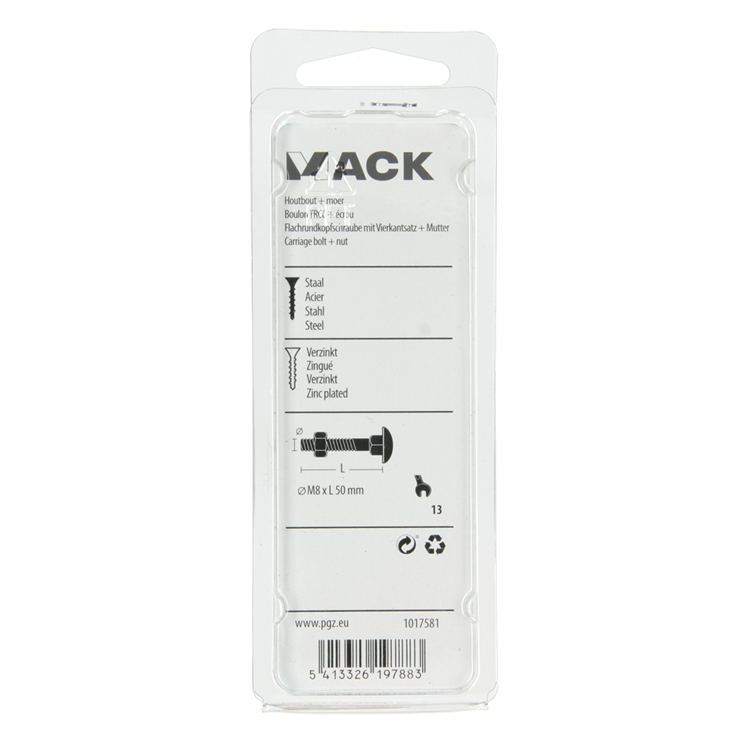 Mack 1017581 - perno para madera + tuerca acero galvanizado 5 piezas m8 x 50 mm | 5 piezas