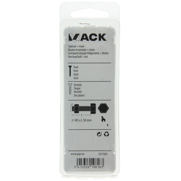 Mack 1017603 - perno macho + tuerca acero galvanizado 8 piezas m5 x 50 mm | 10 piezas
