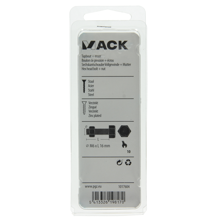 Mack 1017604 - grifo perno + tuerca acero galvanizado 15 piezas m6 x 16 mm | 10 piezas