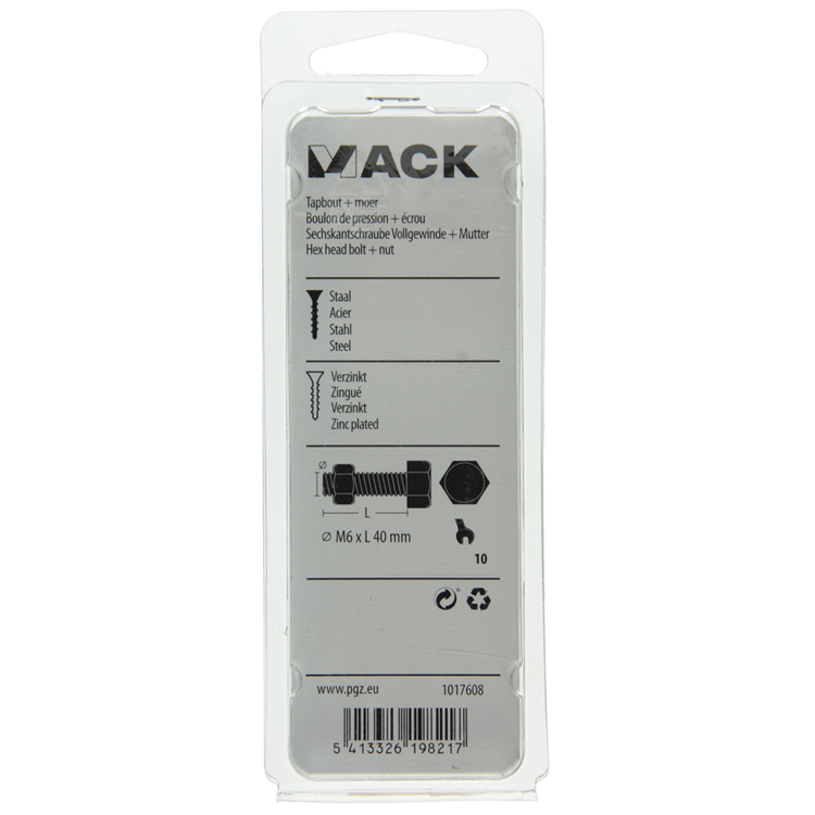 Mack 1017608 - perno macho + tuerca acero galvanizado 10 piezas m6 x 40 mm | 5 piezas