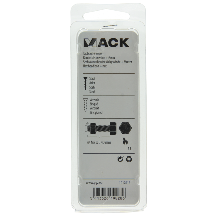 Mack 1017615 - perno macho + tuerca acero galvanizado 5 piezas m8 x 40 mm | 5 piezas