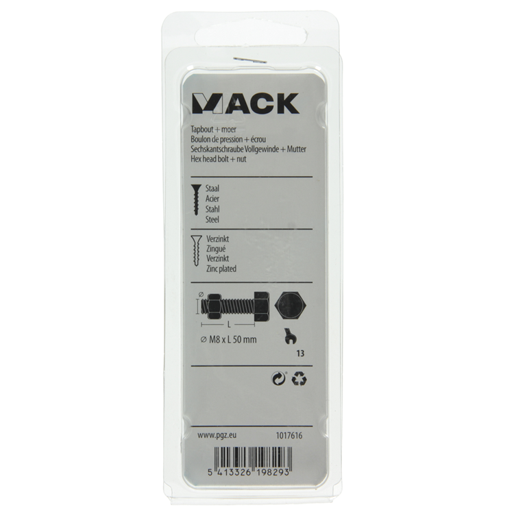 Mack 1017616 - perno macho + tuerca acero galvanizado 4 piezas m8 x 50 mm | 10 piezas